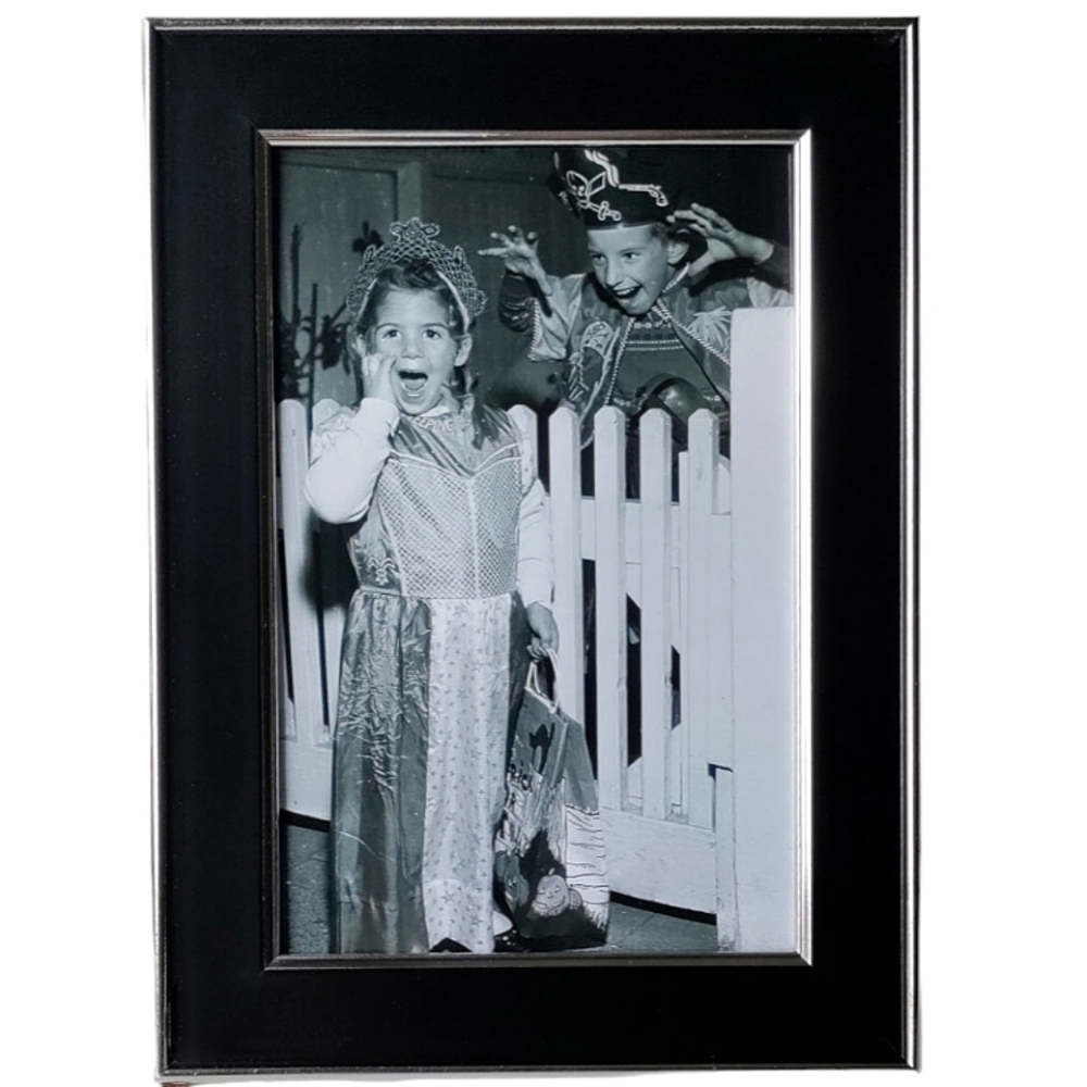 Cute little girl kids vintage retro Halloween fall being scared framed photo